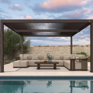 PURPLE LEAF Louvered Pergola 10' × 14' Outdoor Hardtop Gazebo Adjustable Aluminum Sun Shade for Deck Garden Backyard Patio Retractable Roof Canopy Bronze