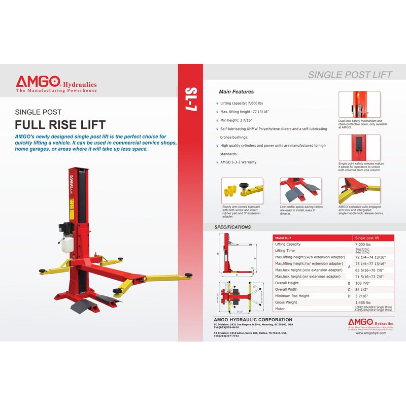 AMGO SL-7 7,000 lbs Single Post Lift - Image 2