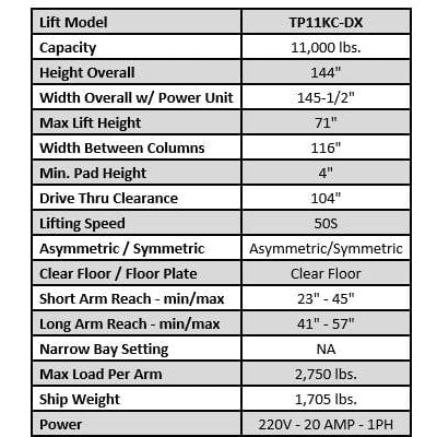 Tuxedo TP11KC-DX 11,000 lb Two-Post Clear Floor Lift — Bi-Symmetric, 3-Stage Arms, Direct Drive - Image 2