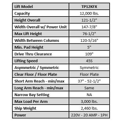 Tuxedo TP12KFX 12,000 lb Two Post Floor Plate Lift - Image 3