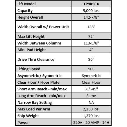 Tuxedo TP9KSCX 9,000 lb Two Post Clear Floor - Symmetric - Image 3