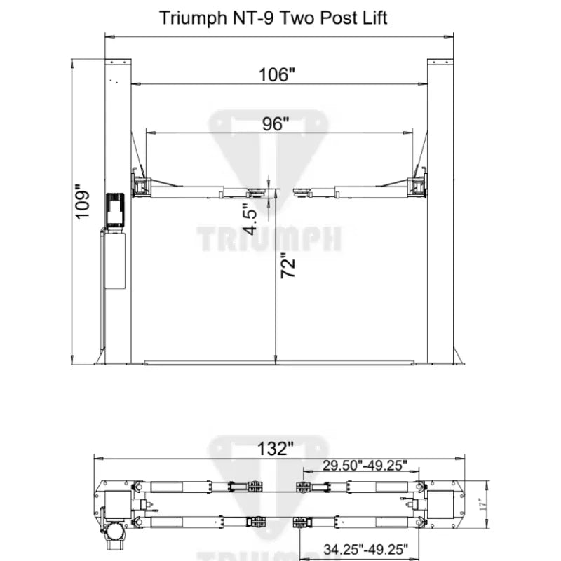 Triumph NT-9 9,000 lb Two-Post Floor Plate Lift, Low Ceiling - Image 2